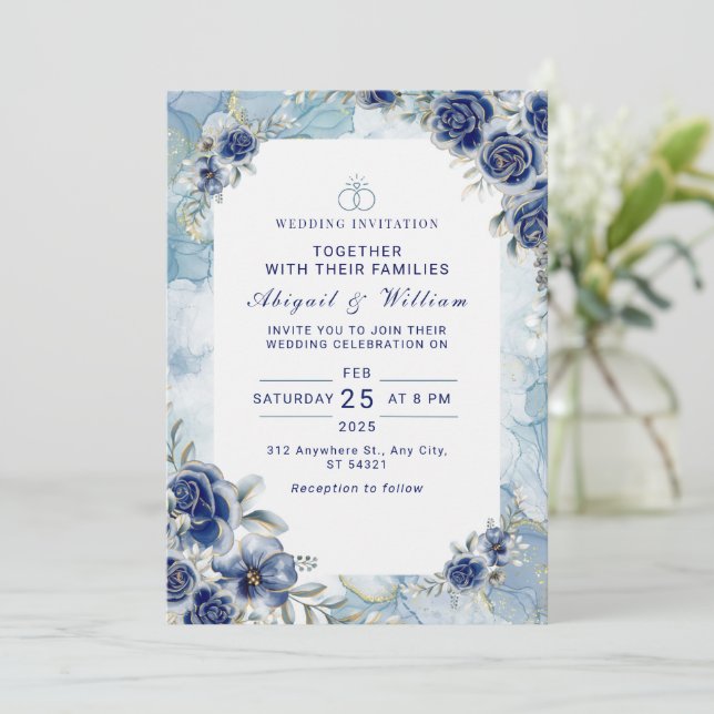 Romantic Blue Flower Floral Wedding Invitation Einladung (Stehend Vorderseite)