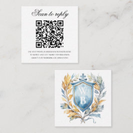 Romantic Blue Monogram Crest Wedding QR Code Begleitkarte