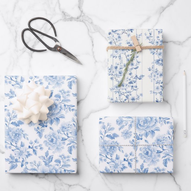Romantic Blue White Flowers Bridal Shower Geschenkpapier Set (Vorderseite)