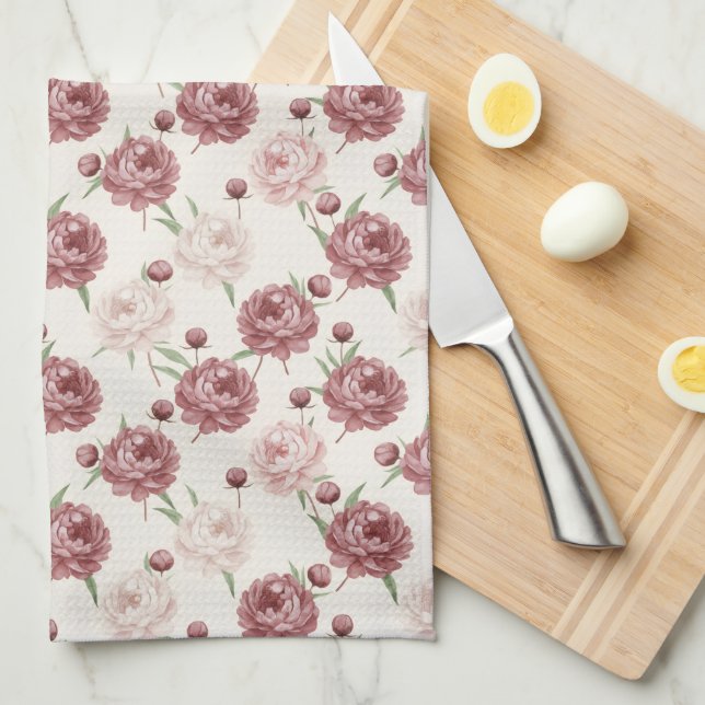 Romantic Blush & Burgundy Peony Floral Pattern Geschirrtuch (Viertel Falte)