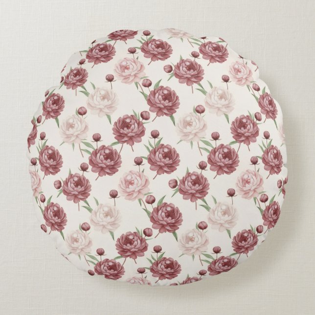 Romantic Blush & Burgundy Peony Floral Pattern Rundes Kissen (Vorderseite)