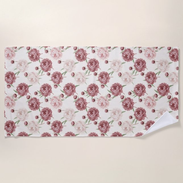 Romantic Blush & Burgundy Peony Floral Pattern Strandtuch (Vorderseite)