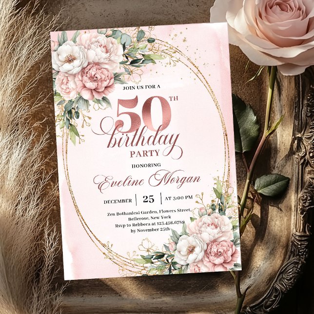 Romantic Blush Eucalyptus 50th Birthday Invitation Einladung (Romantic Blush Eucalyptus 50th Birthday Invitation)