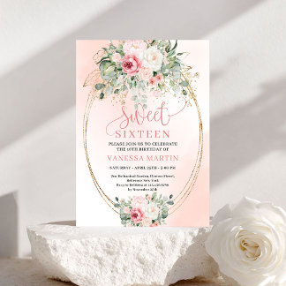 Romantic Blush Floral Gold Sweet 16 Birthday Party Einladung