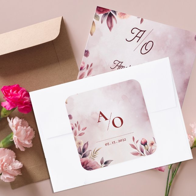 Romantic Blush Floral Monogram Custom Wedding Quadratischer Aufkleber (Romantic Blush Floral Monogram Personalized Wedding Envelope Seal Sticker)