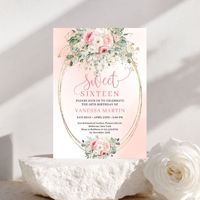 Romantic Blush Floral Sweet 16 Birthday Invitation Einladung (Romantic Blush Floral Sweet 16 Birthday Invitation)