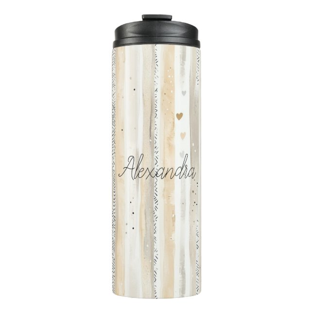 Romantic Blush Pink Cream Cream Hearts Stripes Thermosbecher (Vorderseite)