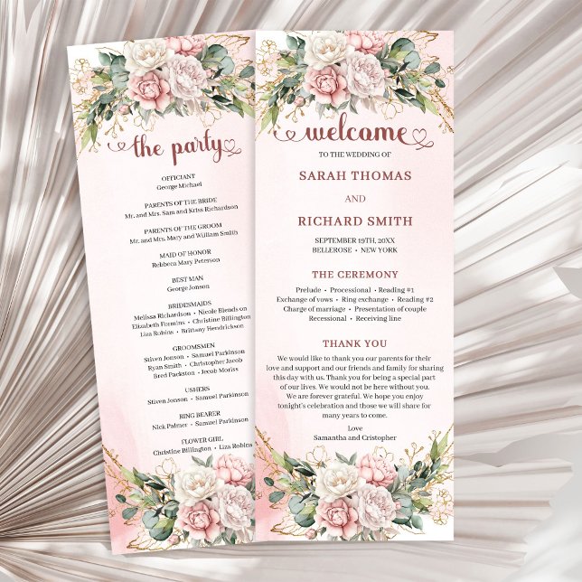 Romantic Blush Pink Floral Gold Greenery Wedding Programm (Romantic Blush Pink Floral Greenery Wedding Program)