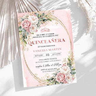 Romantic Blush Pink Floral Greenery Quinceañera Einladung