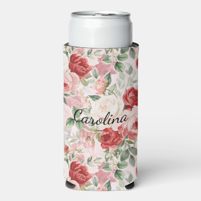 Romantic Blush Pink Red Roses Floral Selters Dosenkühler (Seltzer Vorderseite)