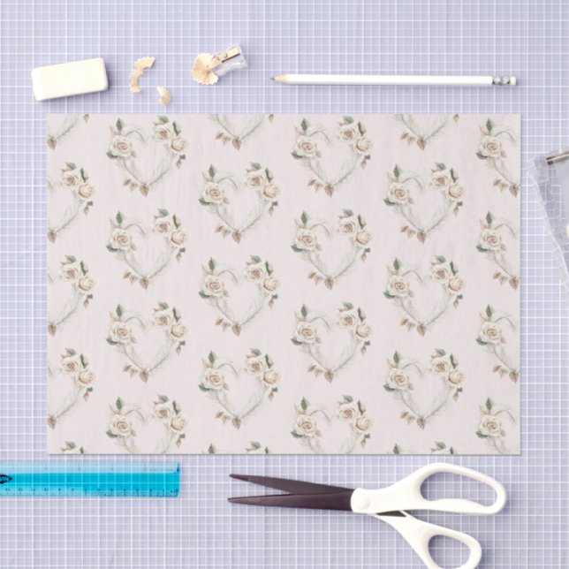 Romantic Blush Roses Feathers Floral Heart Love Seidenpapier (Handwerk)