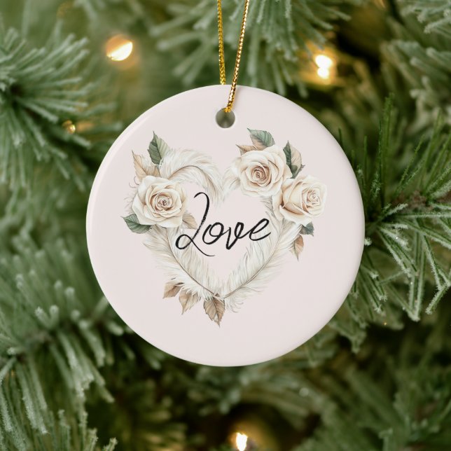 Romantic Blush Roses Feathers Heart Love Keramik Ornament (Baum)