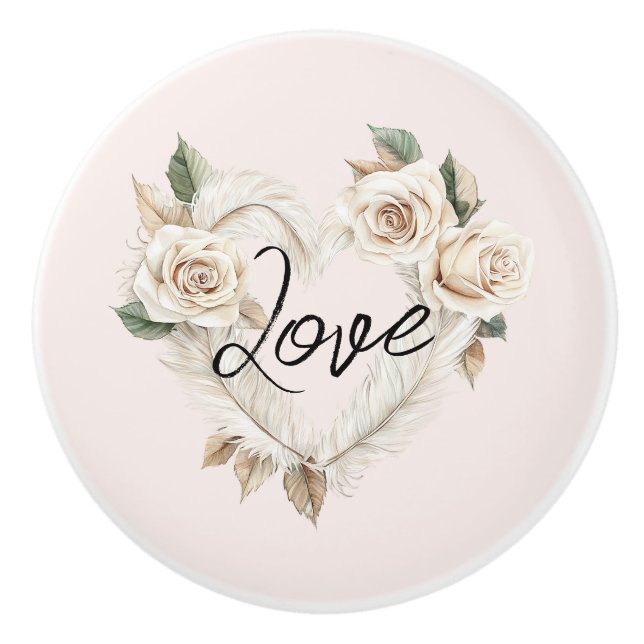 Romantic Blush Roses Feathers Heart Love Keramikknauf (Vorderseite)