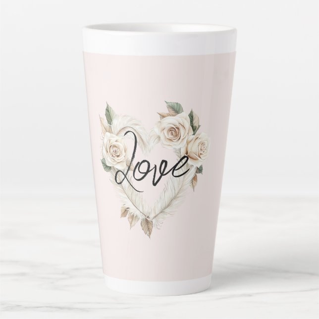 Romantic Blush Roses Feathers Heart Love Milchtasse (Vorderseite)