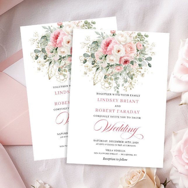 Romantic Blush Roses Greenery Gold Wedding Invite Einladung (Romantic Blush Roses Greenery Gold Wedding Invite)