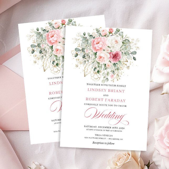 Romantic Blush Roses Greenery Gold Wedding Invite Einladung (Romantic Blush Roses Greenery Gold Wedding Invite)
