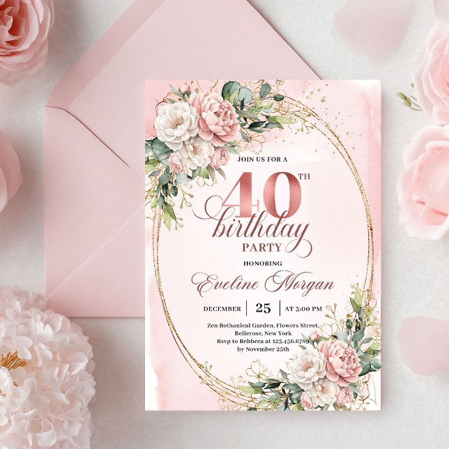 Romantic Bohemian Blush Floral Gold 40th Birthday Einladung (Romantic Bohemian Blush Floral 40th Birthday Invitation)