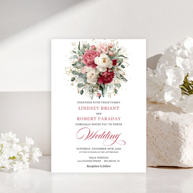 Romantic Bohemian Crimson Red White Gold Invites Einladung (Romantic Bohemian Crimson Red White Gold Invitation)