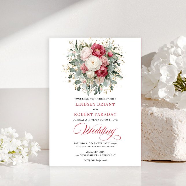 Romantic Bohemian Red White Greenery Gold Wedding Einladung (Romantic Bohemian Red White Greenery Wedding Invitation)