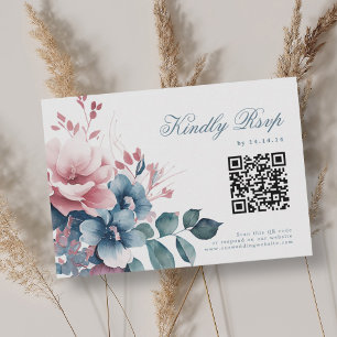 Romantic Boho Dusty Blue Floral Wedding RSVP QR