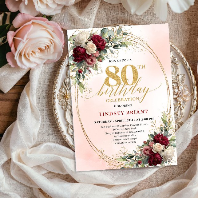 Romantic Boho Floral 80th Birthday Celebration  Einladung (Romantic Boho Floral 80th Birthday Celebration Invite)