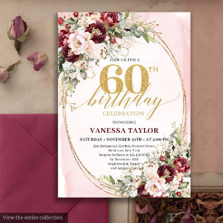 Romantic Boho Marsala Gold Floral 60th Birthday Einladung