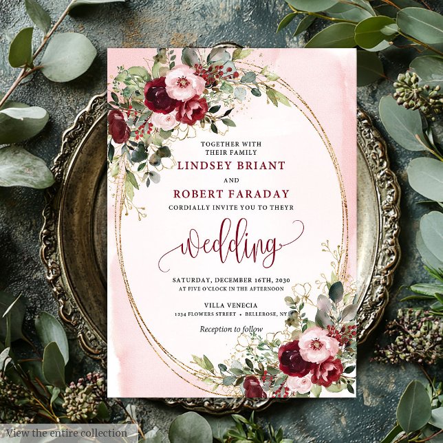 Romantic Boho Marsala Gold Floral Wedding Invite Einladung (Romantic Boho Marsala Gold Floral Wedding Invite)