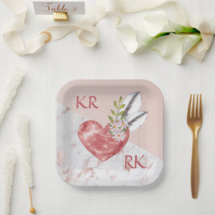 Romantic Boho Pink Herz Feathers Daisy Marble Pappteller