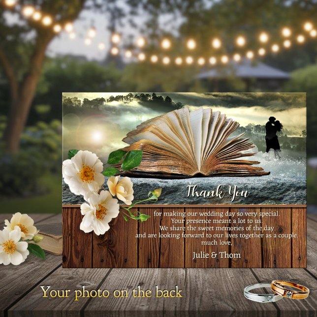 Romantic Book Lovers Wedding Thank You Card Save The Date (Wedding Thank You card featuring a book in a dreamy landscape scene with roses on rustic wood)