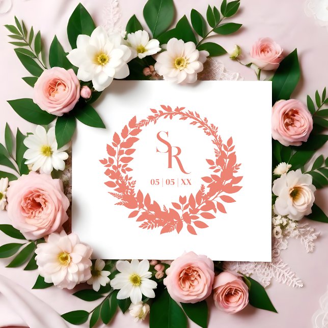Romantic Botanical Wreath Wedding Initials Gummistempel (Romantic Botanical Wreath Wedding Initials rubber stamp.)