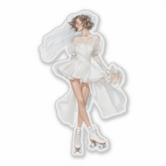 Romantic Bridal Roller Skater Holding Wedding Bouq Aufkleber