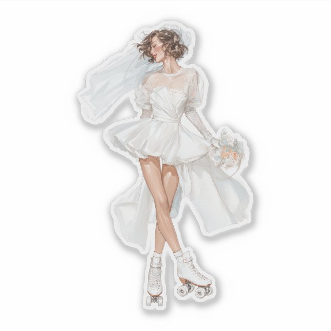 Romantic Bridal Roller Skater Holding Wedding Bouq Aufkleber (Vorderseite)