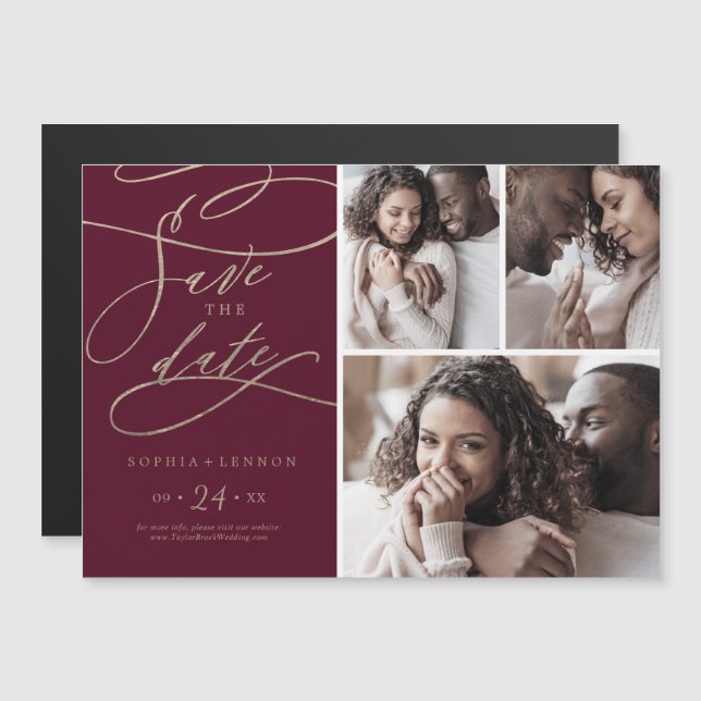 Romantic Burgundy 3 Foto von Save the Date Magneteinladung (Vorne/Hinten)
