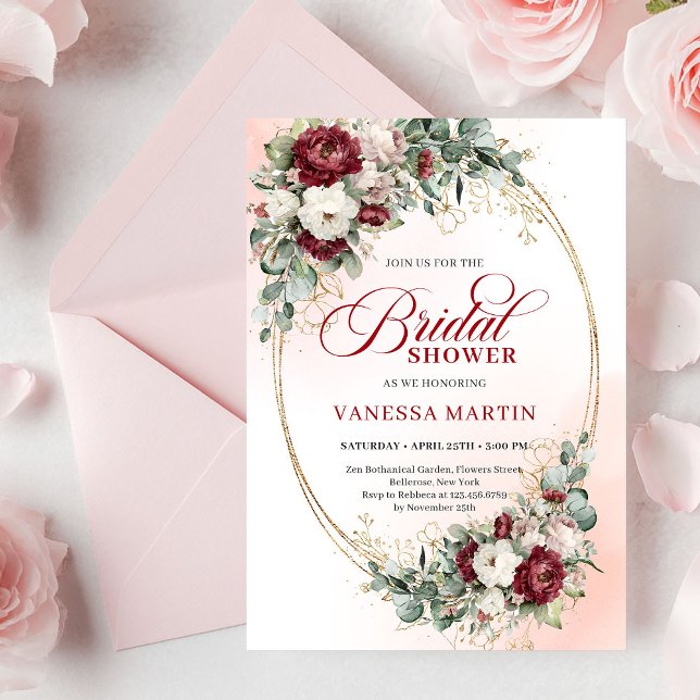Romantic Burgundy and Gold Bridal Shower Invite Einladung (Romantic Burgundy and Gold Bridal Shower Invitation)
