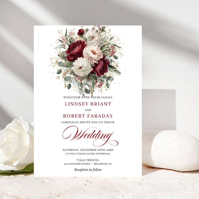 Romantic Burgundy and White Flowers Wedding Invite Einladung (Romantic Burgundy and White Flowers Wedding Invite)