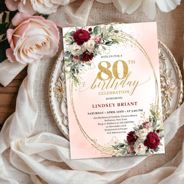 Romantic Burgundy Boho Floral 80th Birthday Invite Einladung (Romantic Burgundy Boho Floral 80th Birthday Invitation)