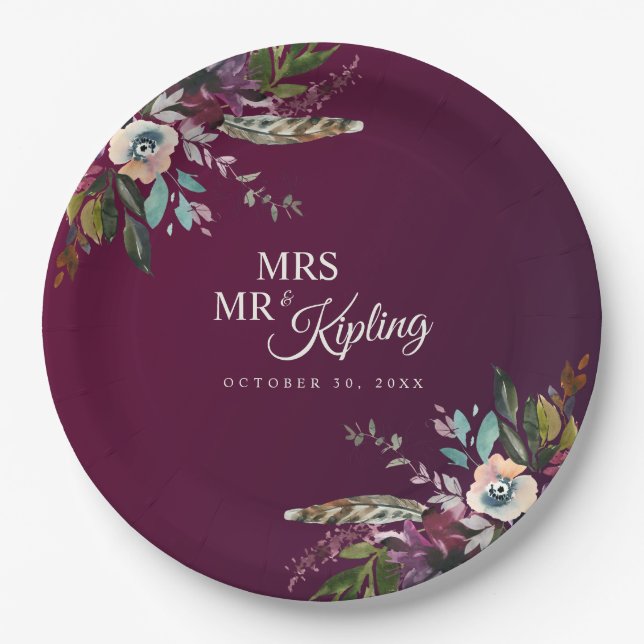 Romantic Burgundy Floral Mr & Mrs Wedding Pappteller (Vorderseite)