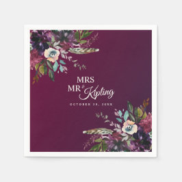Romantic Burgundy Floral Mr & Mrs Wedding Serviette