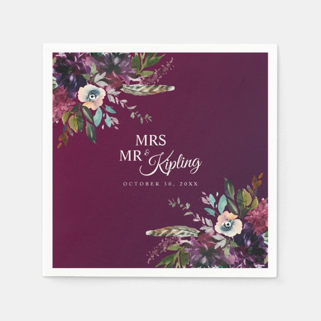 Romantic Burgundy Floral Mr & Mrs Wedding Serviette (Vorderseite)