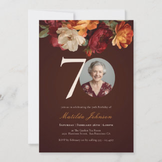 Romantic Burgundy Floral Photo 70th Birthday Einladung