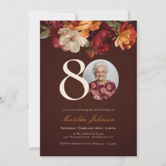 Romantic Burgundy Floral Photo 80th Birthday Einladung