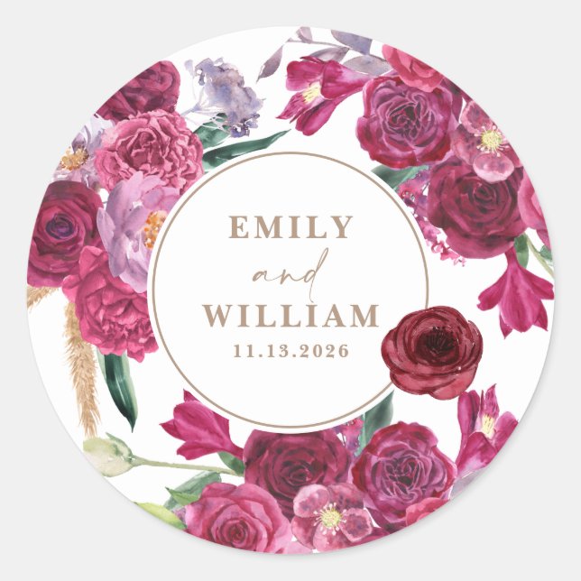Romantic Burgundy  Floral Wedding couple names Runder Aufkleber (Vorderseite)