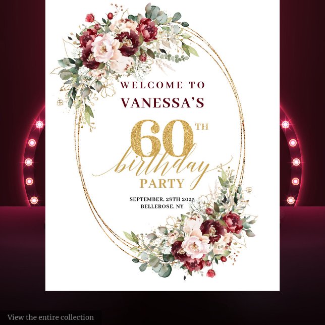 Romantic Burgundy Gold Greenery 60th Birthday Prop Wandteppich (Romantic Burgundy Gold Greenery 60th Birthday Backdrop)