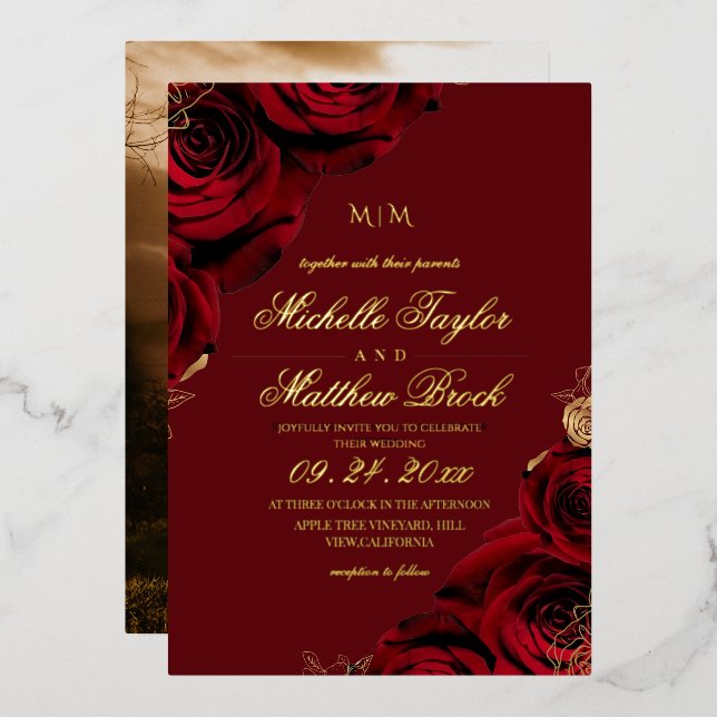 Romantic Burgundy Rose Wedding Folieneinladung (Vorderseite/Rückseite)