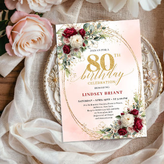 Romantic Burgundy Watercolor Flowers 80th Birthday Einladung