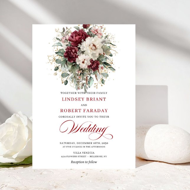 Romantic Burgundy White Gold Frame Wedding Invite Einladung (Romantic Burgundy White Gold Frame Wedding Invite)