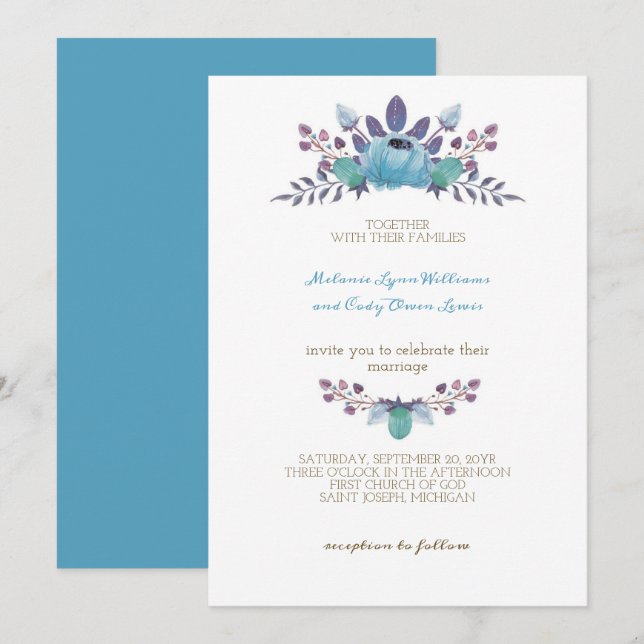 Romantic Cadet Blue Flowers Crown Wedding Einladung (Vorne/Hinten)