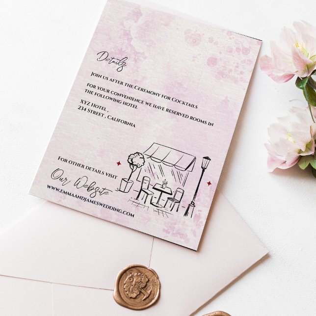 Romantic Café Sketch Blush Wedding Details Begleitkarte (Romantic Café Sketch Blush Wedding Details Enclosure Card)