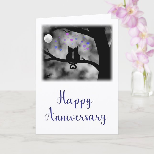 Romantic Cat Anniversary Card Under Moon           Karte (Orchidee)