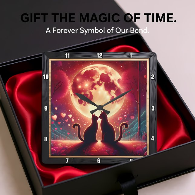 Romantic Cat Silhouette Full Moon Quadratische Wanduhr (Von Creator hochgeladen)